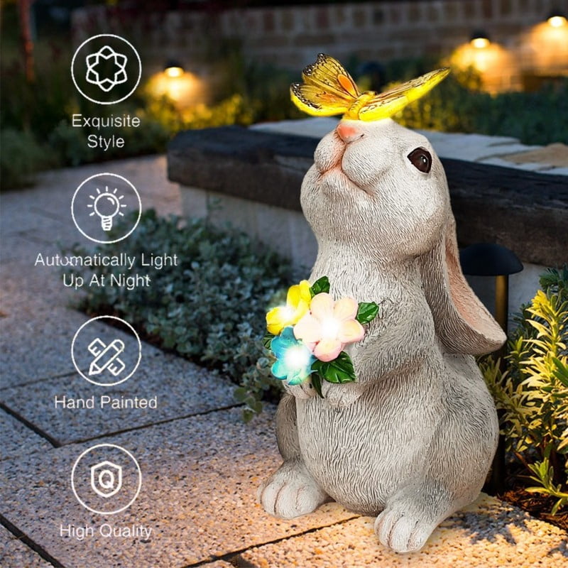 1pc solar-powered outdoor decorative rabbit statue with butterfly lights, adding the perfect touch to garden decor