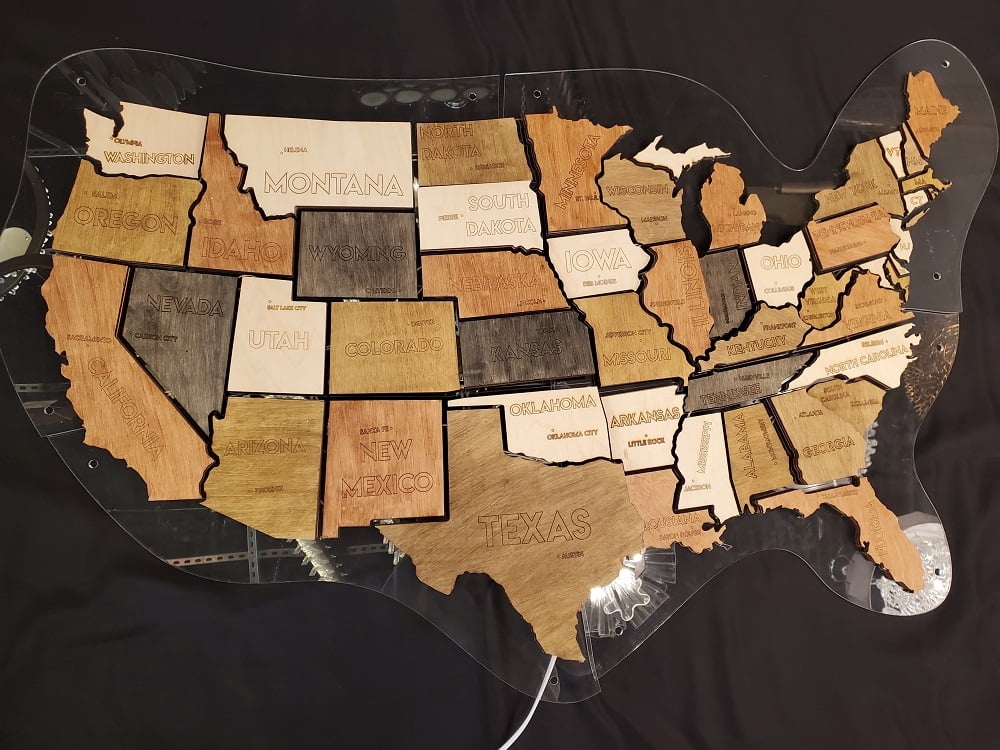 Classic Push Pin 3D Wood USA Map with Led Light - Acrylic Base Wall ...