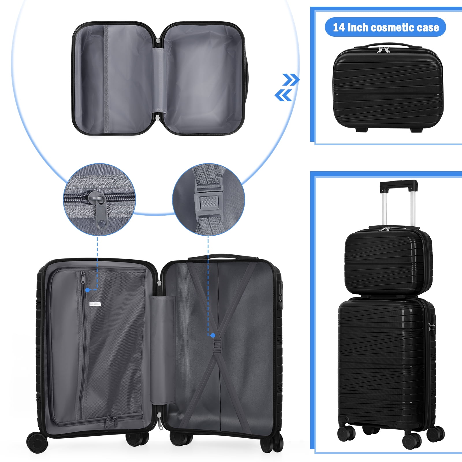 Travel Business Trip Slanted Stripe Luggage Set PP 2 Piece (14"+20") Black