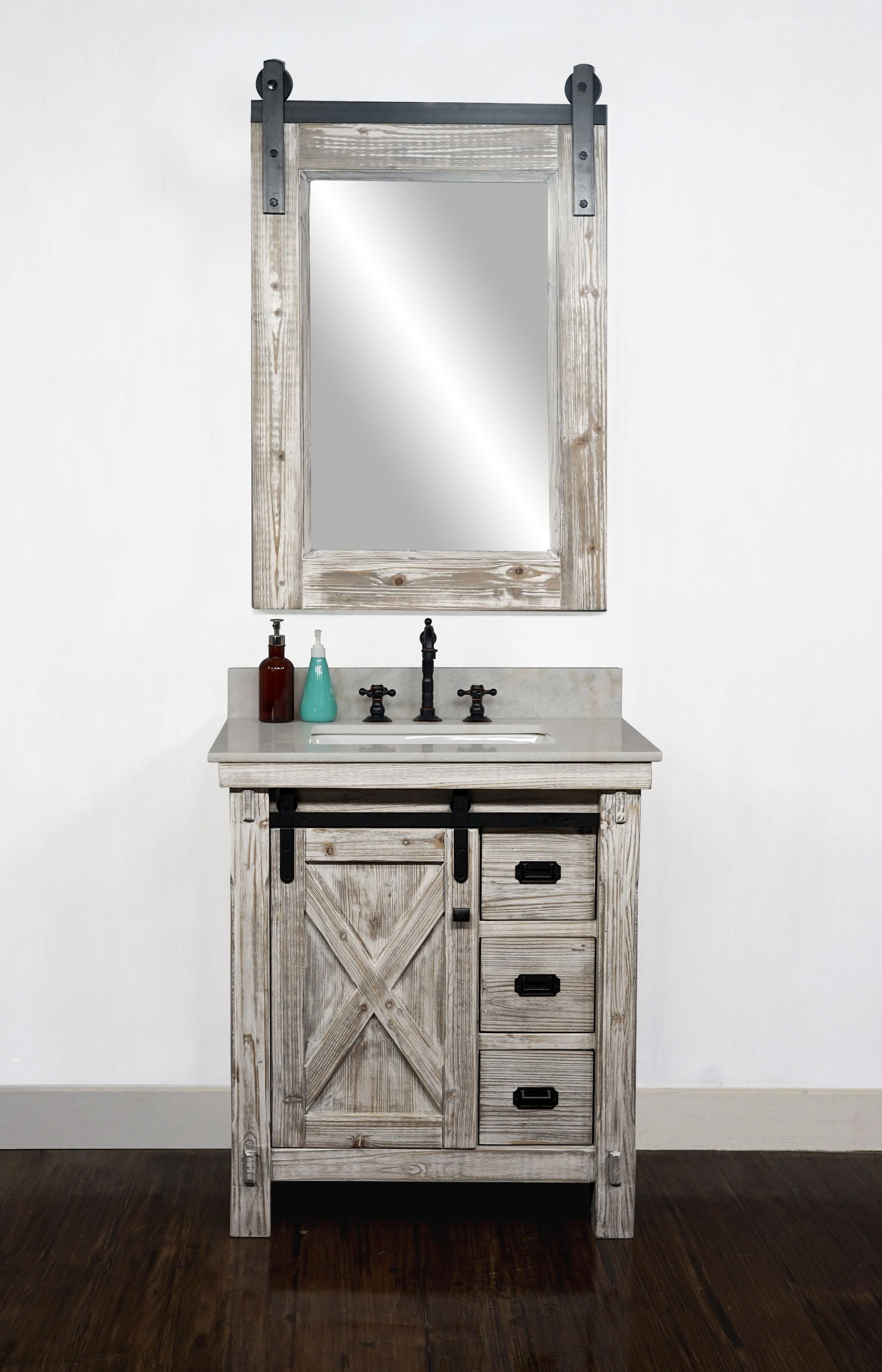 30"RUSTIC SOLID FIR BARN DOOR STYLE SINGLE SINK VANITY IN WHITE WASH WITH ARCTIC PEARL QUARTZ