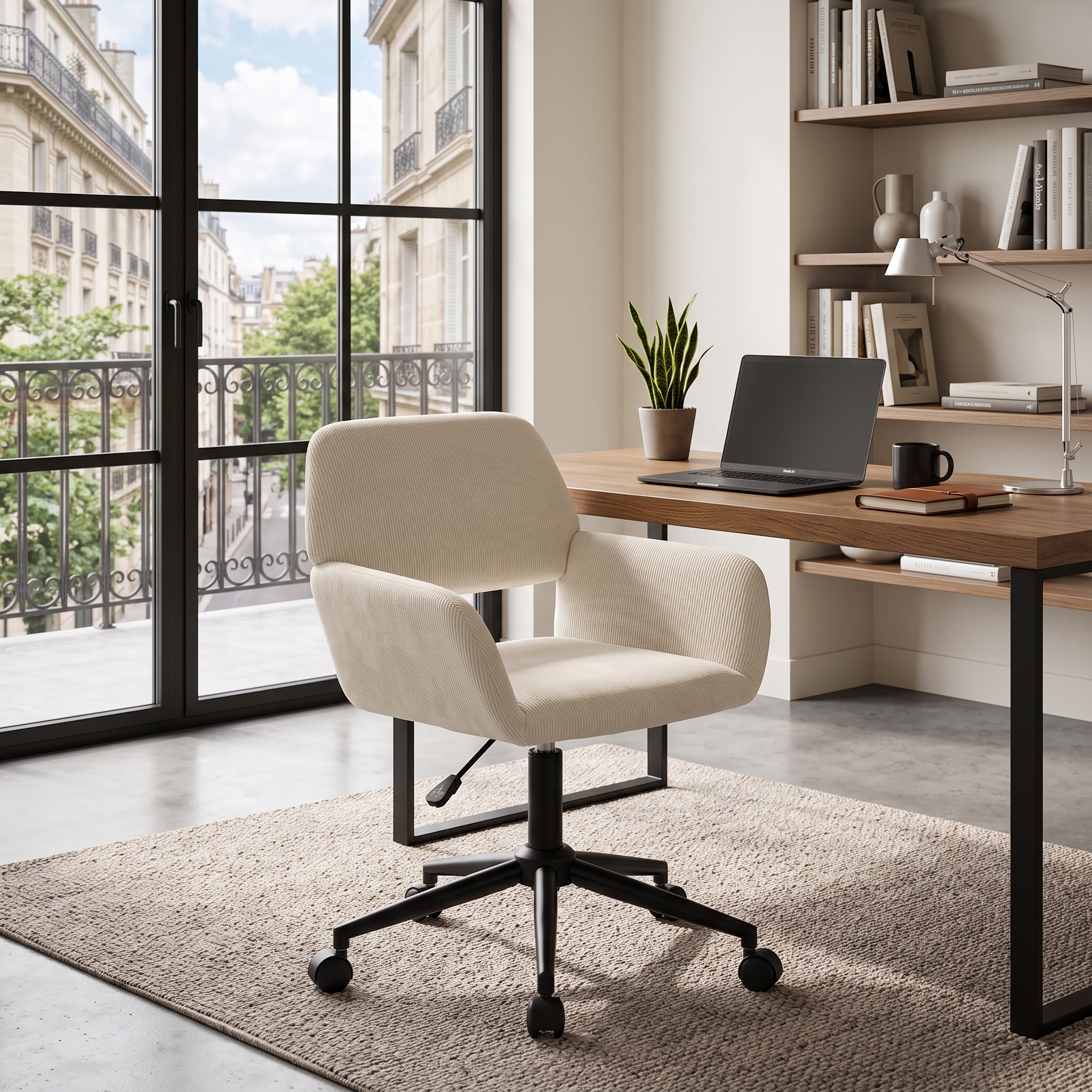Adjustable Mid-Back Desk Chair, 360° Swivel Rolling Fabric Task Chair, Beige Ergonomic Chair for Home Office Vanity Bedroom Living Room