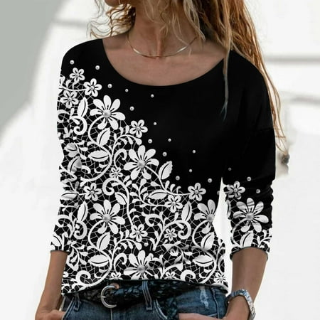 

FuChenYu 2024 New Style Spf Shirts for Women Long Sleeve Sun Shirt Women Printed Casual Crew Neck Loose Rashguard for Women Black L