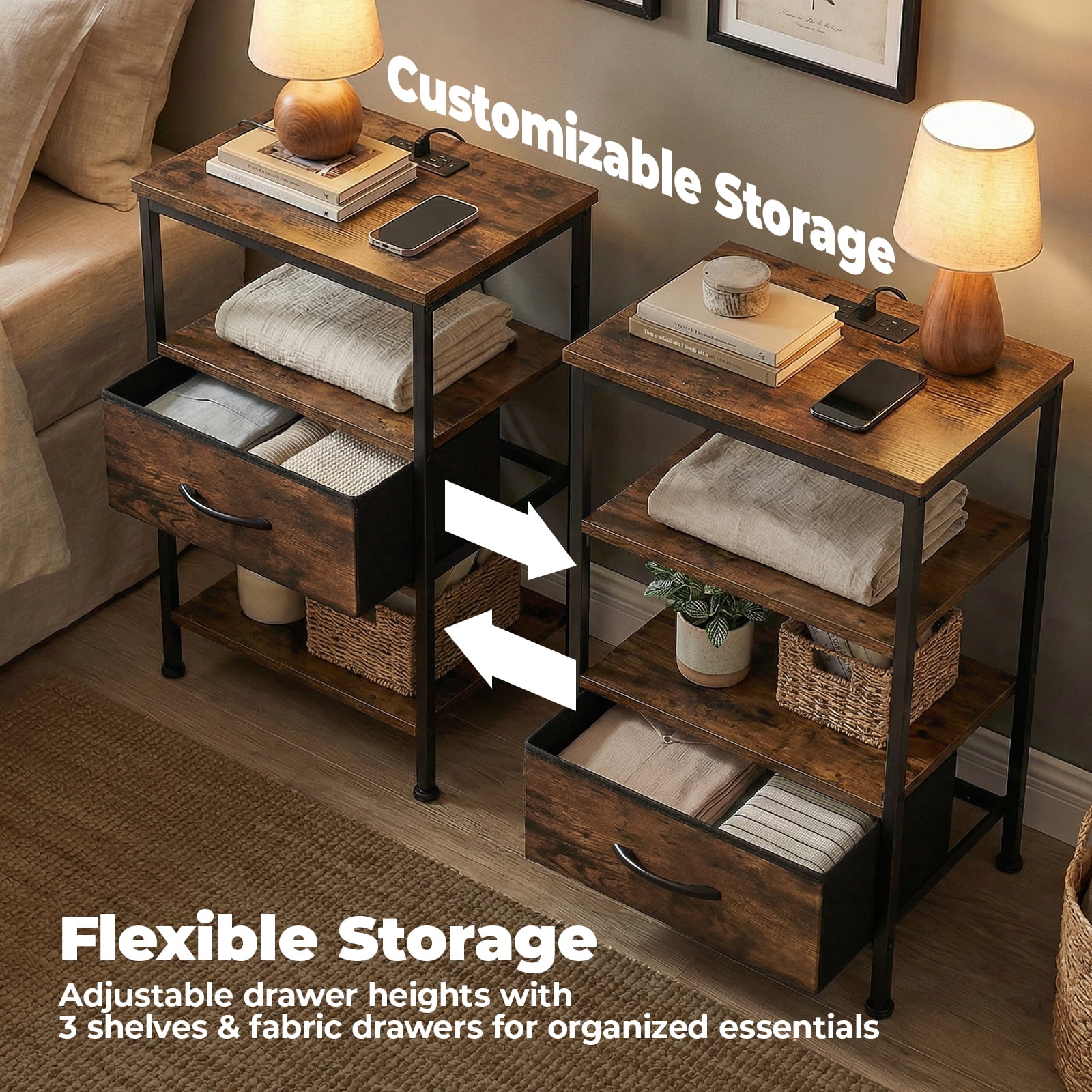 Alvantar Bedside Table Charging Station Nightstand with USB/C Ports, Adjustable Drawers, 3-Tier Storage Shelf