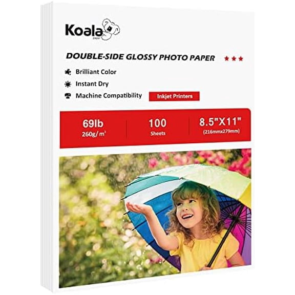 Koala Thick Photo Paper 8.5x11 Inches Heavyweight Double Sided High Glossy 100 Sheets 260gsm only Compatible with Inkjet Printer$$Office