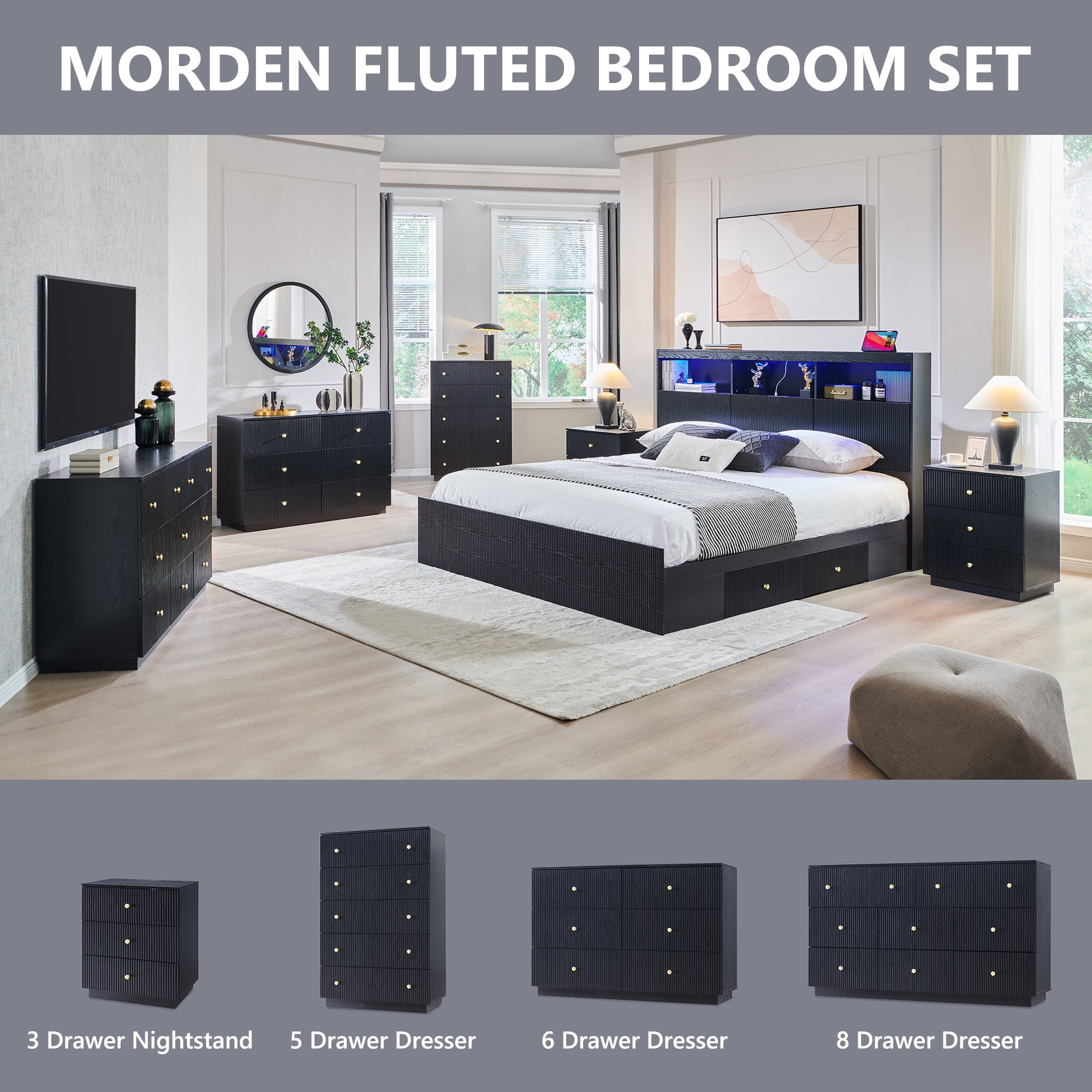 wow97e Fluted 5 Drawers Dresser, Wood Tall Chest of Drawers with Deep Storage, Modern Bedroom Chest for Closet Hallway, Entryway, Living Room