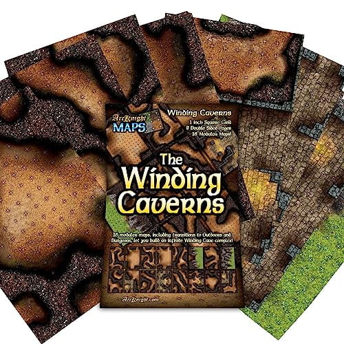 Arcknight The Winding Caverns Roleplaying Battlemaps; 16 Modular RPG Maps in 8 Double-Sided Pages, 1" Square Grid, Modular & Versatile Design for Tabletop Gaming - for Dungeons & Dragons & Pathfinder