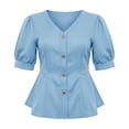 thumbnail image 7 of Mifsaly Womens Peplum Tops V Neck Puff Sleeve Button Down Shirts Ruffle Hem Fitted Waist Summer Casual Elegant Tunic Top Light Blue,XL, 7 of 7