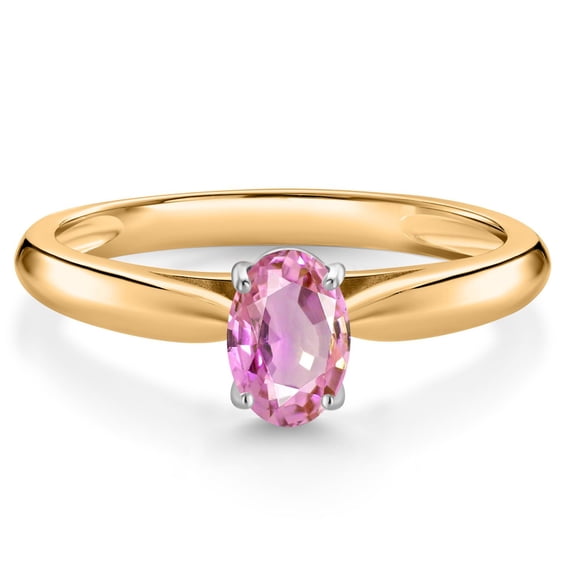 Gem Stone King 0.60 Ct Oval Pink Sapphire 10K Yellow and White Gold Solitaire Engagement Ring (Size 9)