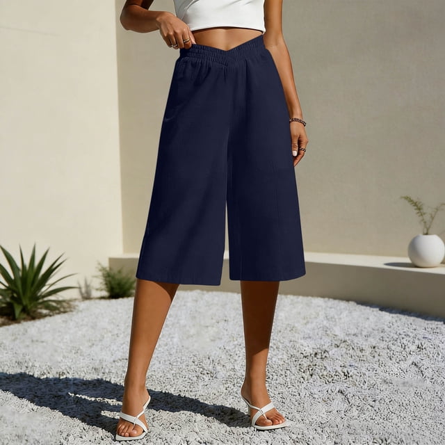 TaTaai Women's Summer Linen Cropped Pants Solid Color Loose Straight Leg Casual Trousers with Elastic Waistband and Side Pockets for Daily Wear Gift