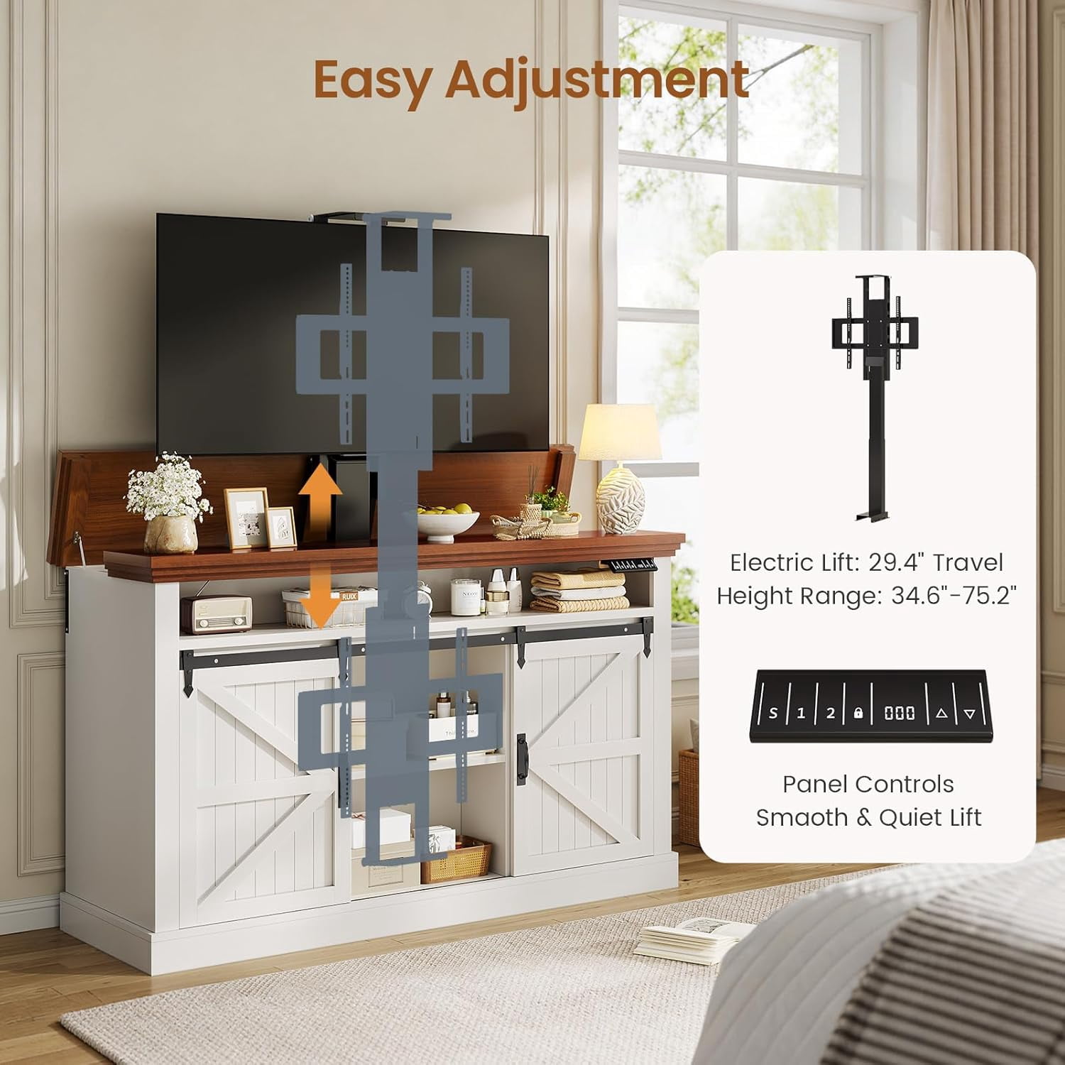 Motorized TV Lift Cabinet for 55-60” TVs, Farmhouse TV Stand, Entertainment Center with Storage Cabinets & Sliding Barn Doors, TV Media Console Table with Charging Station for Living Room, White