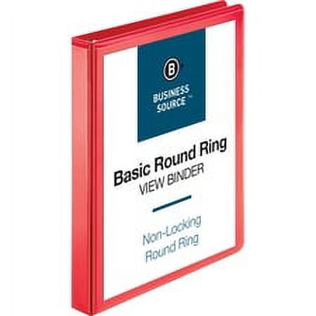 Business Source Round Ring Binder - 1" Binder Capacity - Round Ring Fastener(s) - 2 Internal Pocket(s) - Red - Clear Overlay, Labeling Area - 1 Each | Bundle of 5