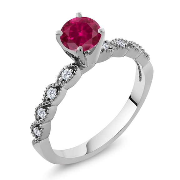 Gem Stone King 925 Sterling Silver Ring Round Red Created Ruby and Moissanite (1.12 Cttw, Size 9)