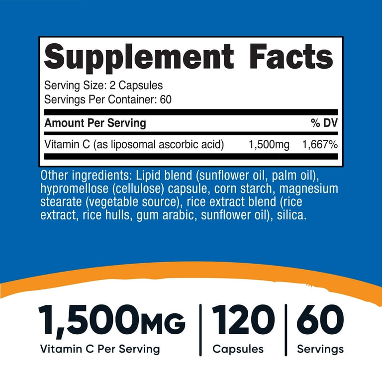Nutricost Liposomal Vitamin C (1500mg) 120 Vegan Capsules - GMO-Free,  Gluten-Free, 60 Servings