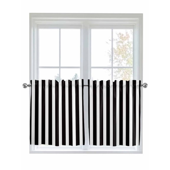 Half Window Curtain 36 Inches Long, Black Striped Window Treatment Curtain Drapes, Modern Farmhouse Black and White Stripes Small Tier Curtains for Bathroom Over Sink, 27.5"x36", 2 Panels