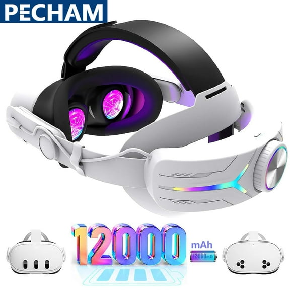 Pecham Battery Head Strap Fit for Meta/Oculus Quest 3/3S, 12000mAh RGB Lighted Head Strap for VR Accessories, Adjustable VR Headset Elite Strap for Extended Playtime, Reduce Facial Stress - White