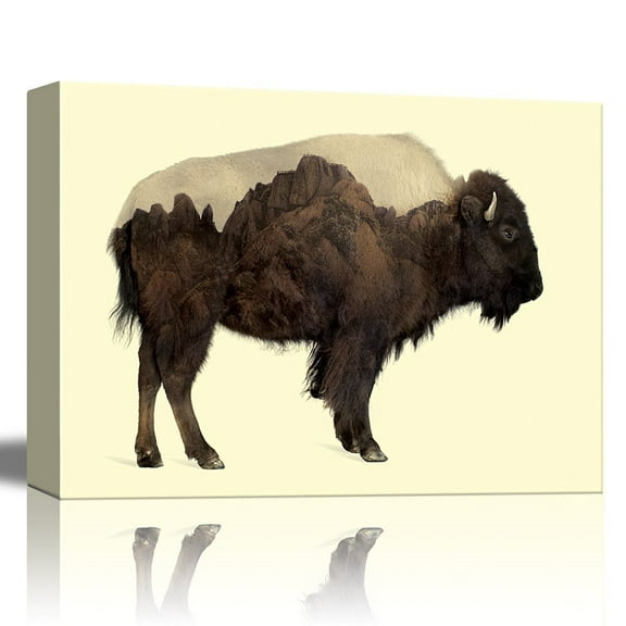 wall26 Double Exposure Graphic of a Buffalo and Rocky Mountains - Canvas Art Home Decor - 12x18 inches