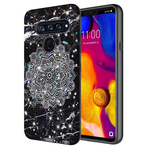 LG V40 ThinQ Case, Kaesar Hybrid Dual Layer Slim Bling Glitter Sparkle Graphic Shockproof Impact Resistant Protective Cover Case for LG V40 ThinQ (Black Marble Mandala)