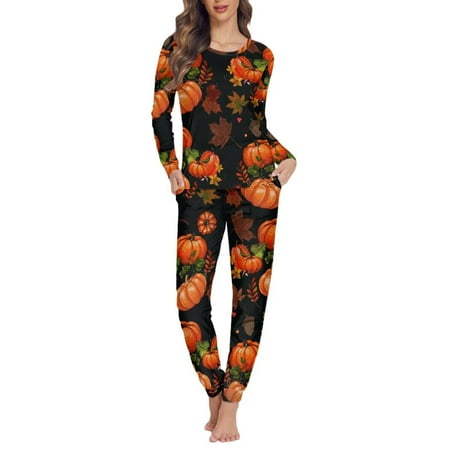 

Renewold Durable Fall Nightwear for Women Personalized Pumpkins Maple Leaves Pajama Lingerie Size 3XL Thanksgiving Theme Home Lounge Wear Athletic Clothing Set of 2
