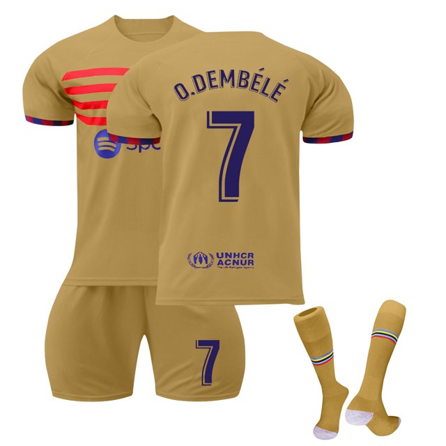 KEVCHE 2223 FC Barcelona Jersey Futbol 3 Piezas Set, Adultos Camiseta Barcelona Futbol Jersey Barcelona O.DEMBELE #7 Printed Futbol Jersey Soccer Shirt Shorts Socks Set, Away Game Marrón #7/M