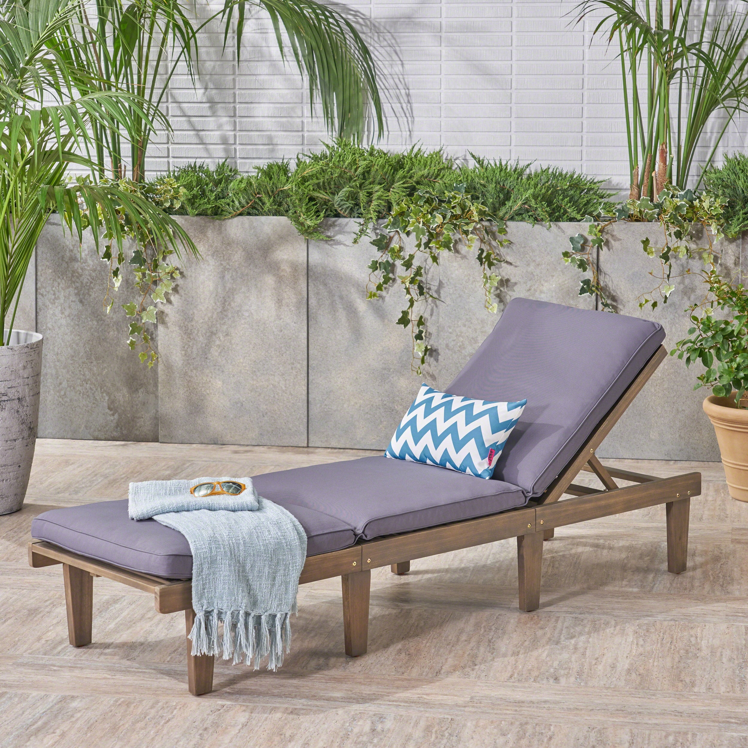 Outdoor Cushioned Wood Frame Chaise Lounge, Comfort Poolside Recliner for Patio Garden, Grey