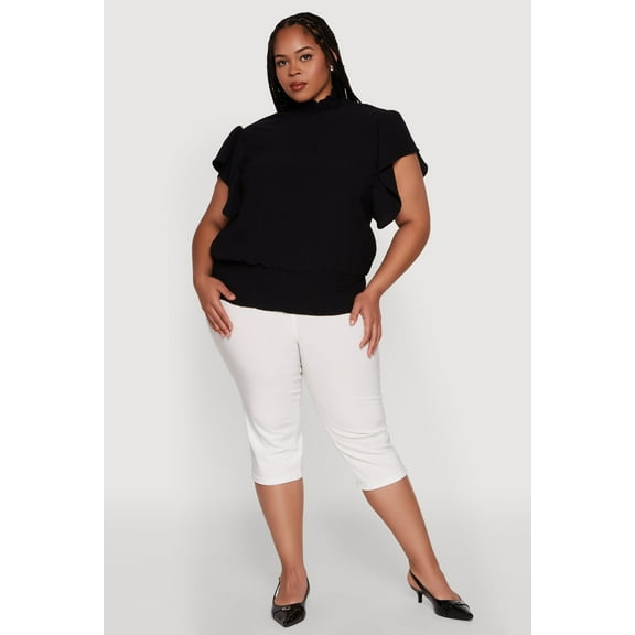 Womens Plus Size Chic Crepe Knit Flutter Sleeves Mock Neck Blouse