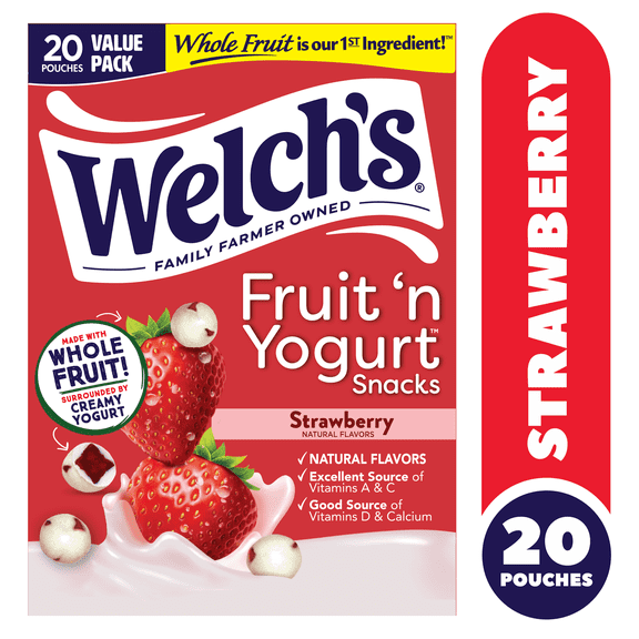 Welch's Fruit 'N Yogurt Strawberry Soft Fruit Snacks for Stocking Stuffers, 20 Count, 14 oz (Pack of 2)