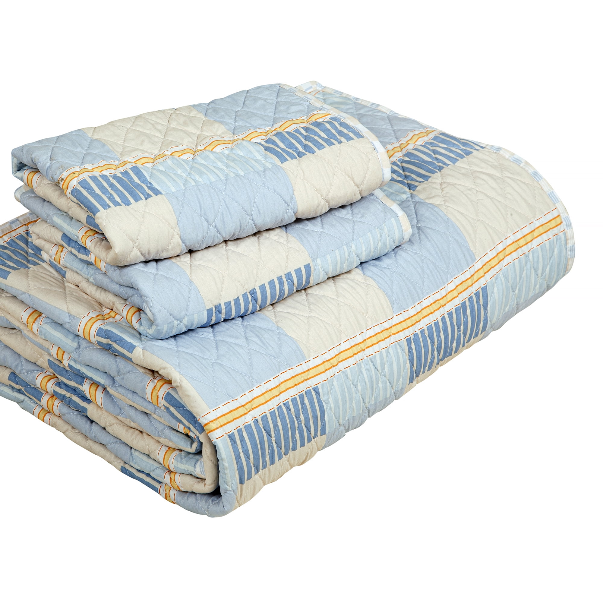 SCAD Piece by Piece Stripe 3 Piece Quilt Set, Blue and Yellow Stripe, Includes 2 Pillow Shams, Twin XL