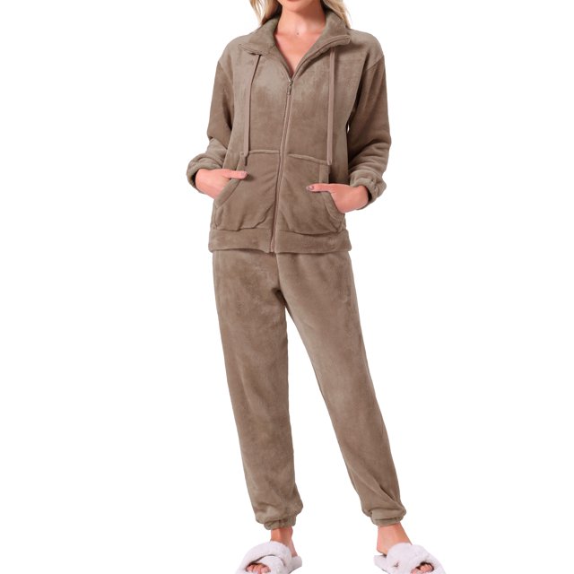 Conjunto de pijama para mujer INSPIRE CHIC de felpa, de manga larga, suelto y esponjoso, con pantalones con bolsillos, ropa de dormir cálida para invierno, color marrón