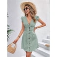 thumbnail image 6 of Women'S Striped Summer Dresses V Neck Casual Mini Dress Flutter Sleeve Ruffle Button Sundresses Green L, 6 of 7