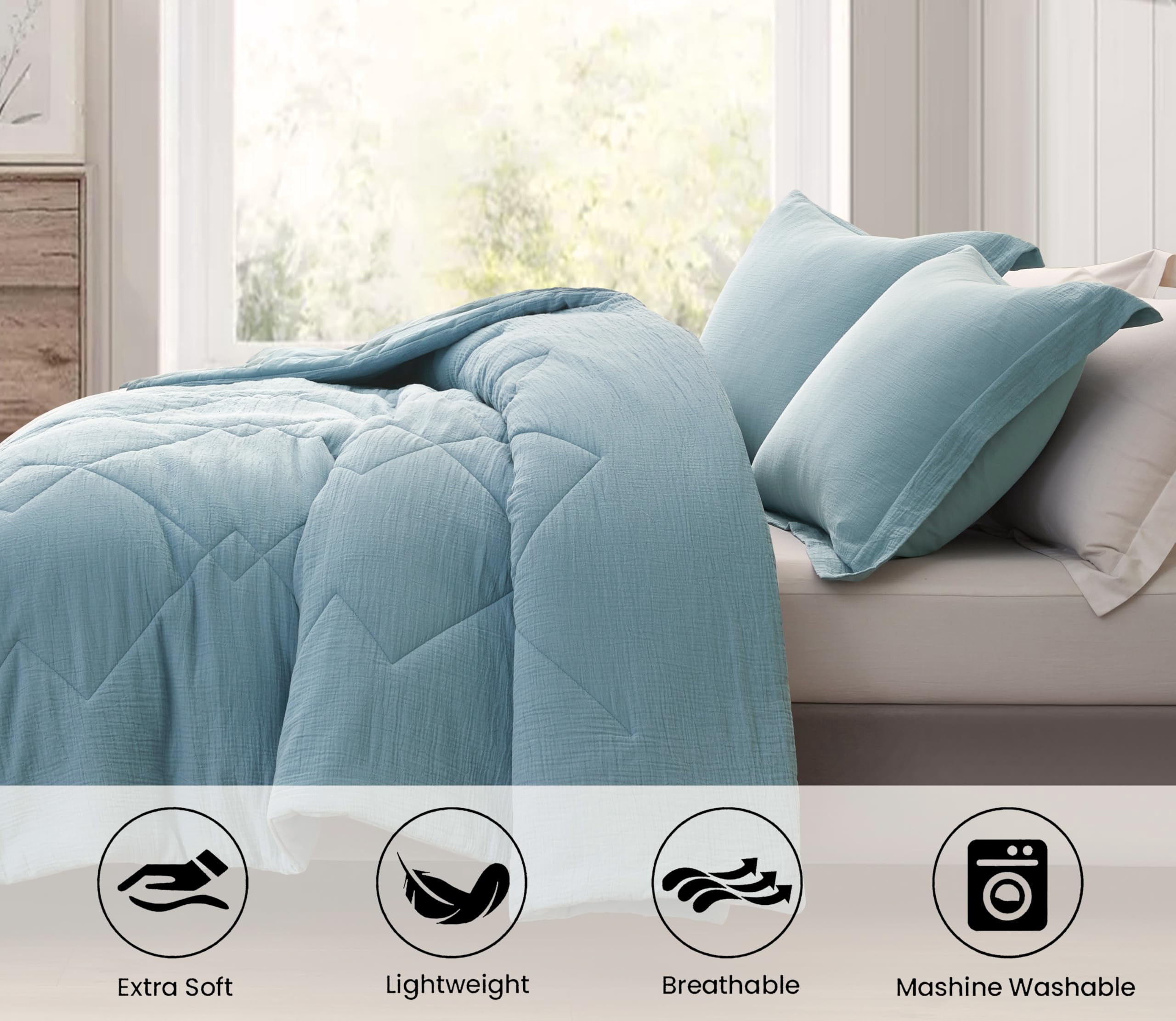 Chezmoi Collection Skye 3-Piece 100% Cotton Muslin Thin Comforter Set Oversized King, Lake Blue Reversible Soft Washed Cotton Gauze Breathable Lightweight Summer Blanket