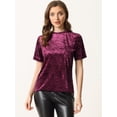 thumbnail image 4 of Camiseta de manga corta con cuello redondo informal de terciopelo vintage para mujer borgoña M, 4 of 5
