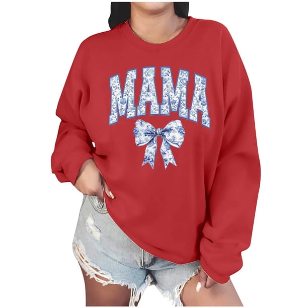 Penkiiy Mujeres de manga larga Mama Sweatshirts de cuello redondo Suéter suelto blusa ligera Tops L Rojo