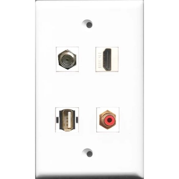 RiteAV 1 Port HDMI and 1 Port RCA Red and 1 Port Coax Cable TV- F-Type and 1 Port USB A-A Wall Plate