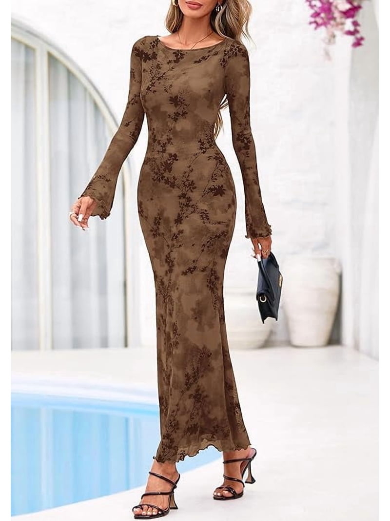 long sleeve spring cocktail dresses Prettygarden Women's Floral Bodycon Maxi Dress Spring Elegant Mesh Long Sleeve Formal Wedding Guest Cocktail Dresses, Size: 2XL, Brown