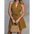 thumbnail image 4 of Women's Sleeveless Backless Mini Halter Deep Neck Tie Dress for Daily Wear Brown XL, 4 of 5