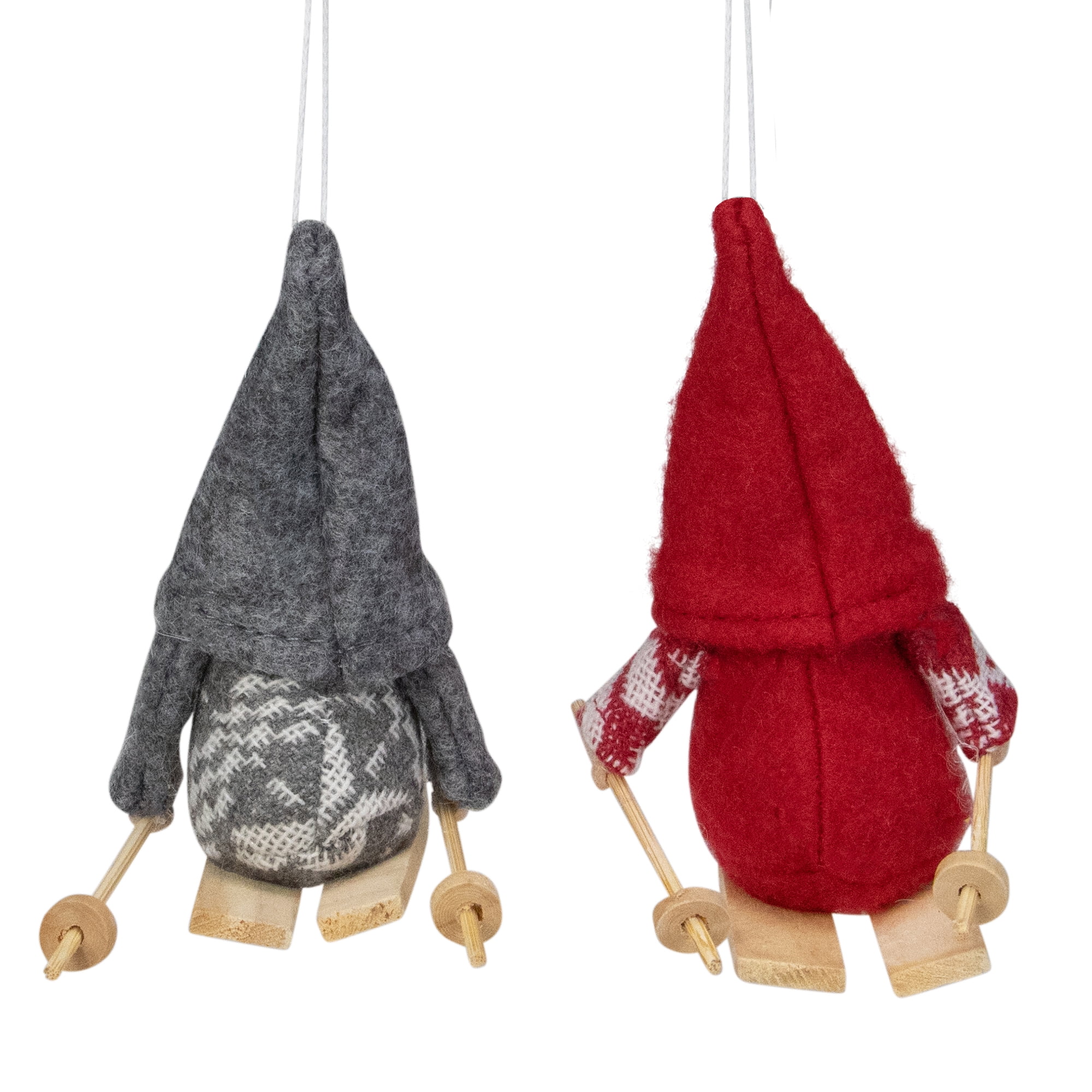 Set of 2 Gray and Red Skiing Santa Gnomes Hanging Christmas Ornaments 4"