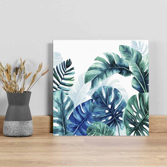 Blue Teal Leaves Wall Art Painting on Canvas, Summer Botanical Watercolor Leaf Canvas Art Home Prints Wall Art Framed Modern Artwork for Living Room Bedroom Wall Decor 8x8in