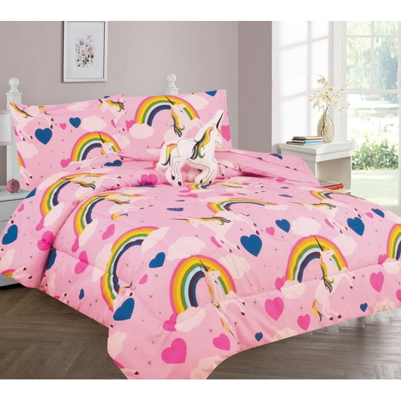 Twin 6 piece kids girls boys comforter set bed in bag w/shams, sheet set & decorative toy pillow unicorn light print design comforter bedding set w/sheet soft lightweight