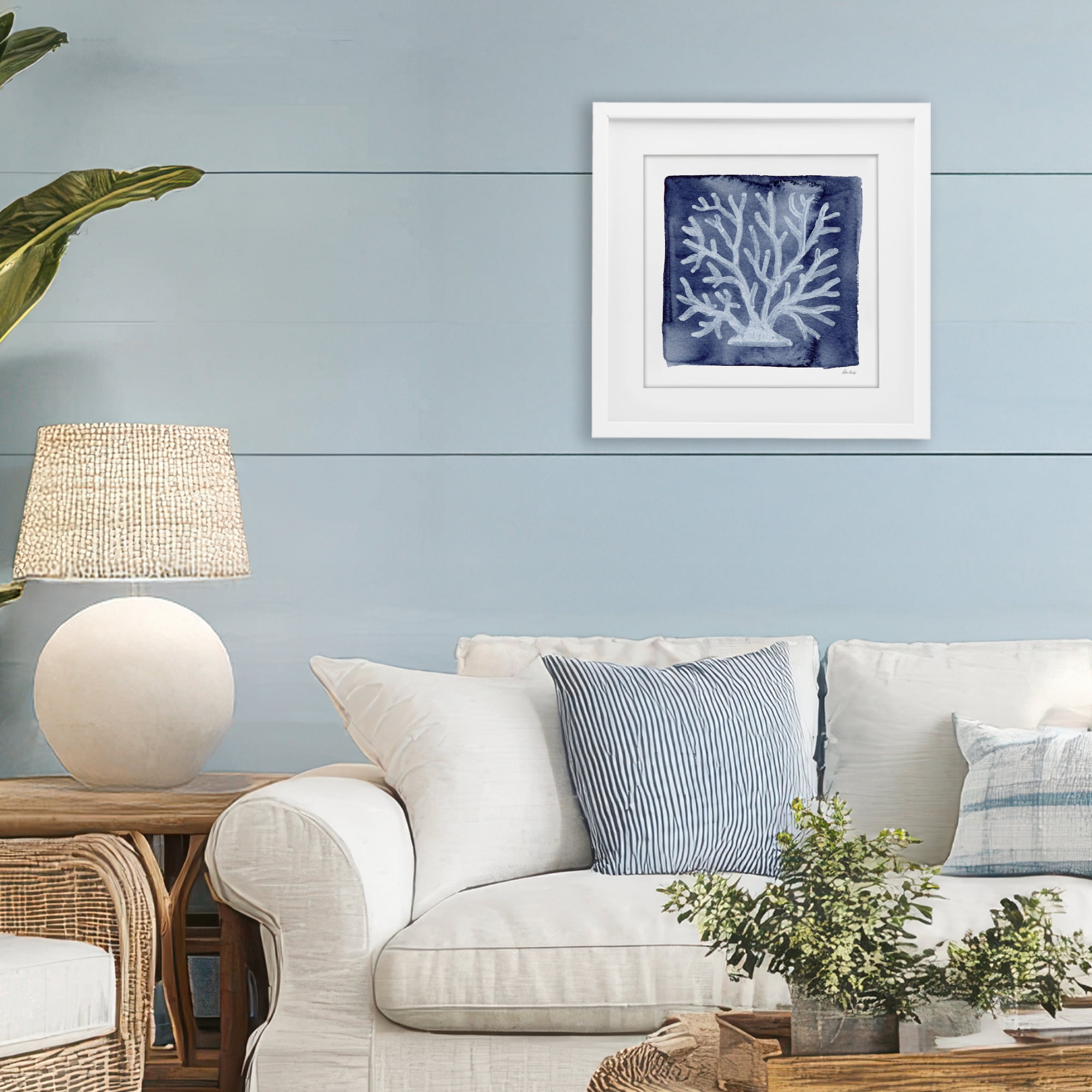 Stupell Industries White Coral on Indigo White Framed Print Under Glass, design by Patti Bishop