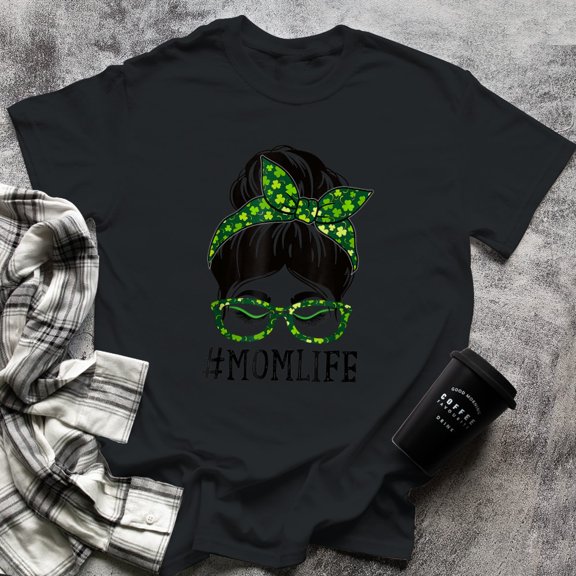 Mom Women Messy Bun St Patrick's Day Shamrock T-Shirt, Small, Black