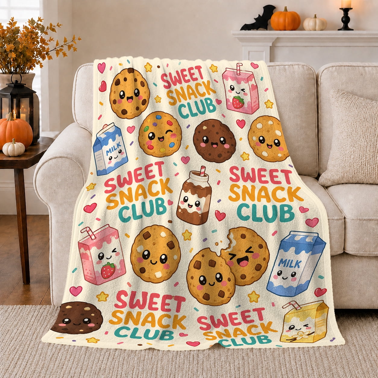 Sweet Snack Club Cookies and Milk Cartons Kawaii Pastel Style for Dessert Lovers Cozy Cookie Star Scene Flannel Blanket for Breakfast Nook and Bedroom Birthday Gift and Cute Home Decor
