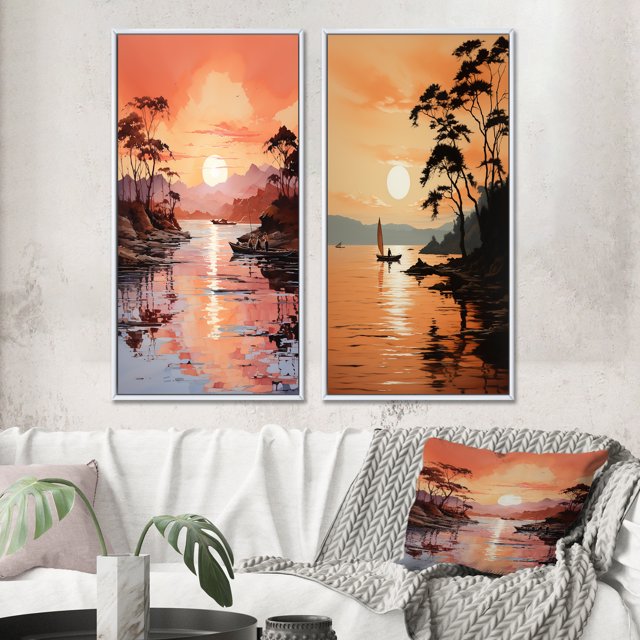 Designart "Golden Sunrise formd II" Sunrisesunset Framed Wall Art Set Of 2 - Yellow Landscapes Gallery Wall Frame Set For Home Decor