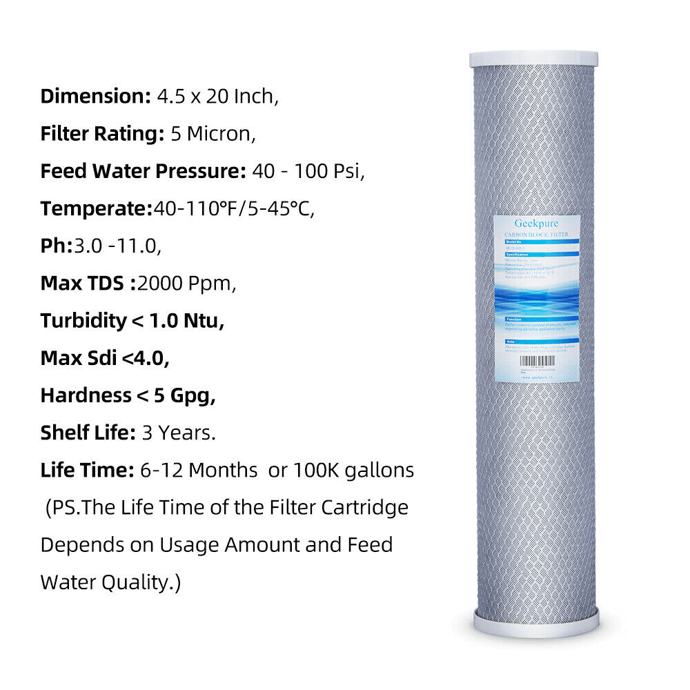 Geekpure 20 inch Universal Compatible Carbon Block Water Filter Remove Chlorine Taste Odors- 4.5 inch x 20 inch (4 Pack)