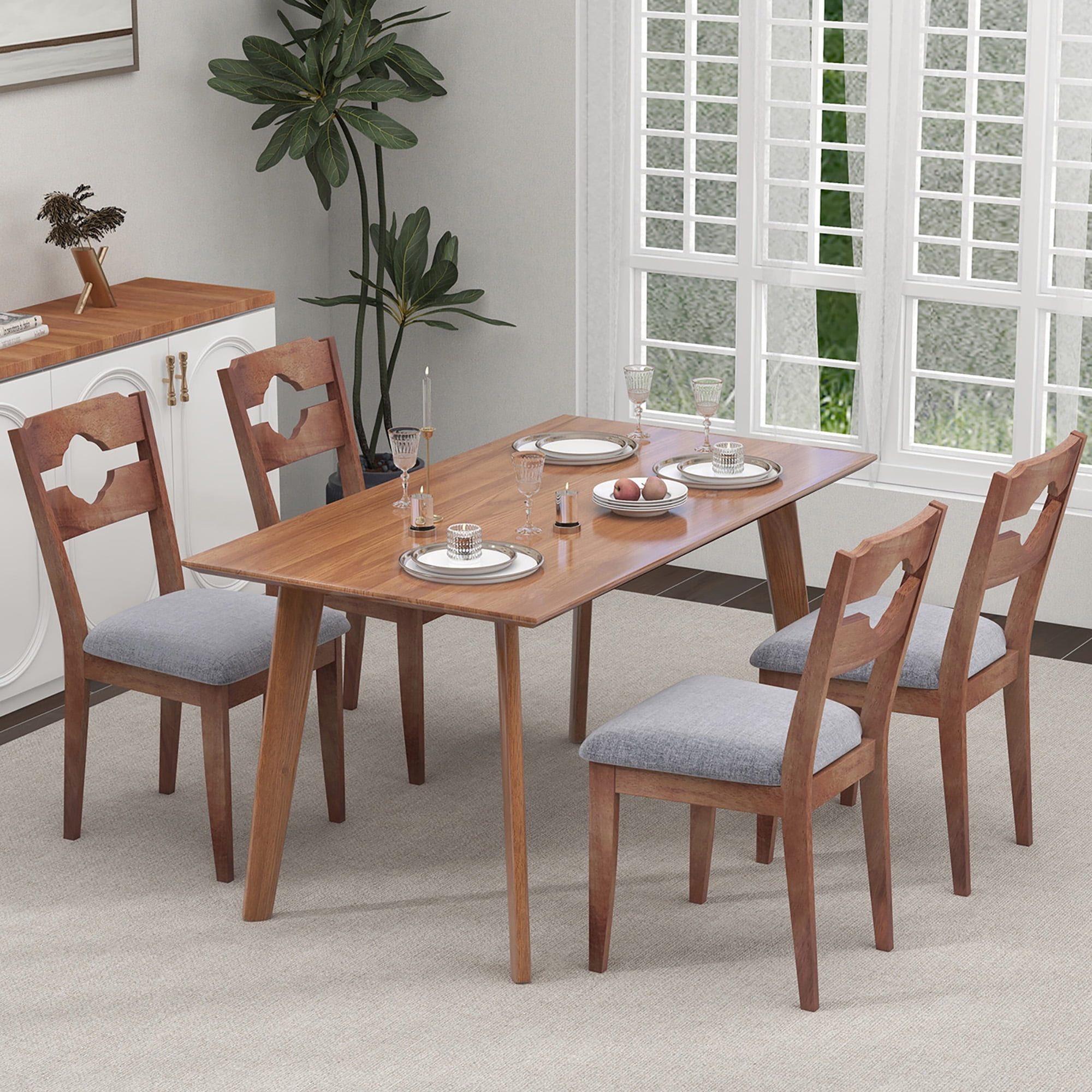 Gymax Set of 4 Dining Chair w/ Padded Seat High Back Rubber Wood Frame Kitchen Chairs