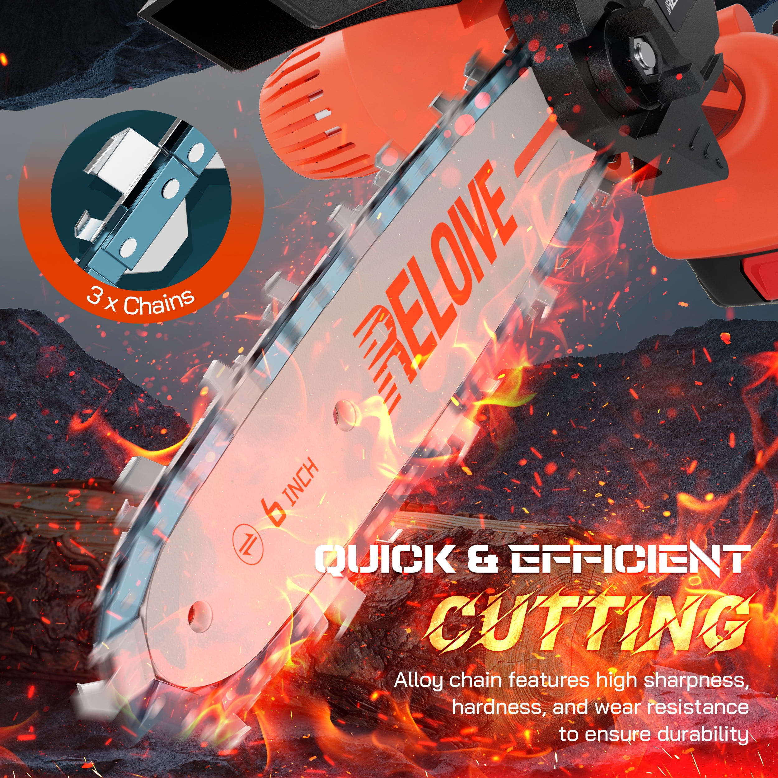 RELOIVE 6 in Mini Chainsaw with 2PCS 2.0 Ah Batteries 3 Chains,Cordless Small Handheld Chain Saw for Wood Cutting Tree Trimming