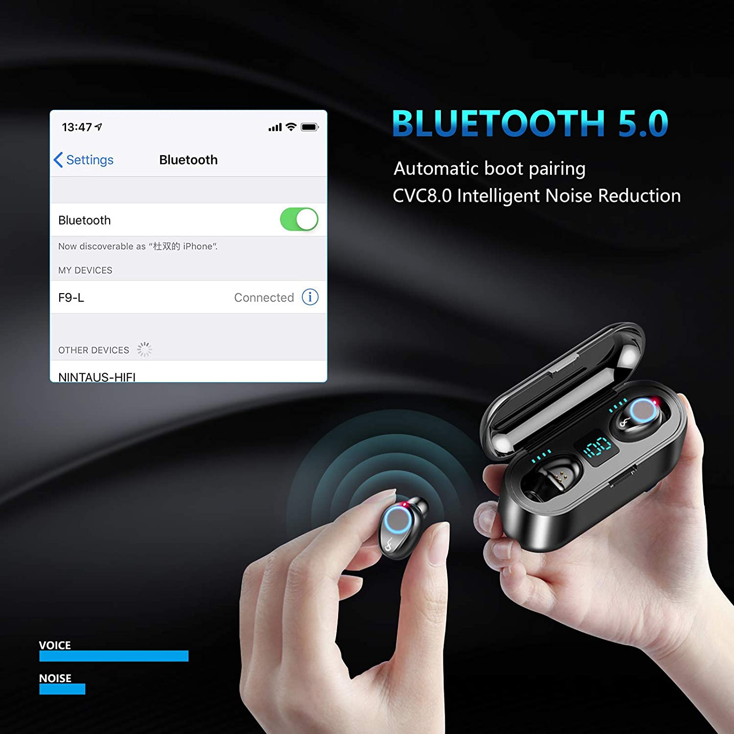 Wireless LED Touch Bluetooth Earbuds and Portable Charger/Power Bank, 2000mAh, Bluetooth 5.0, Waterproof/Sweat-Proof, Automatically Start-up and Remove, Intelligent HD Call/Cinema HiFi Sound - image 3 of 8