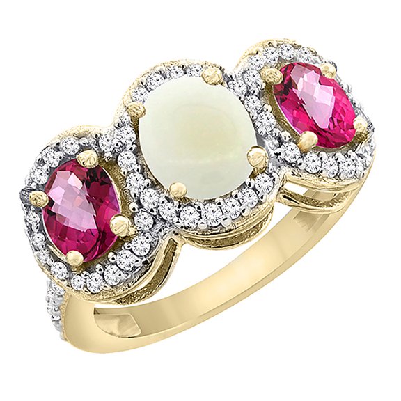 14K Yellow Gold Natural Opal & Pink Topaz 3-Stone Ring Oval Diamond Accent, size 9