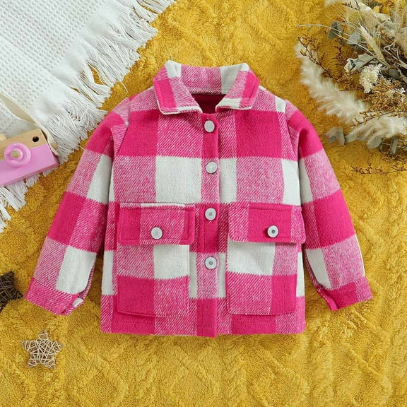 Tdoqot Toddler Girls Boys Button Down Long Sleeve Plaid Jackets Fall Winter Clothes Hoodless Casual Coats Hot Pink Size 4-5T