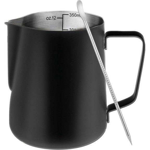 Milk Frothing Pitcher, 12oz Milk Frother Cup with Clear Scale, 304 Stainless Steel Cappuccino Espresso Machine Accessories for Barista Coffee Bar with Latte Art Pen