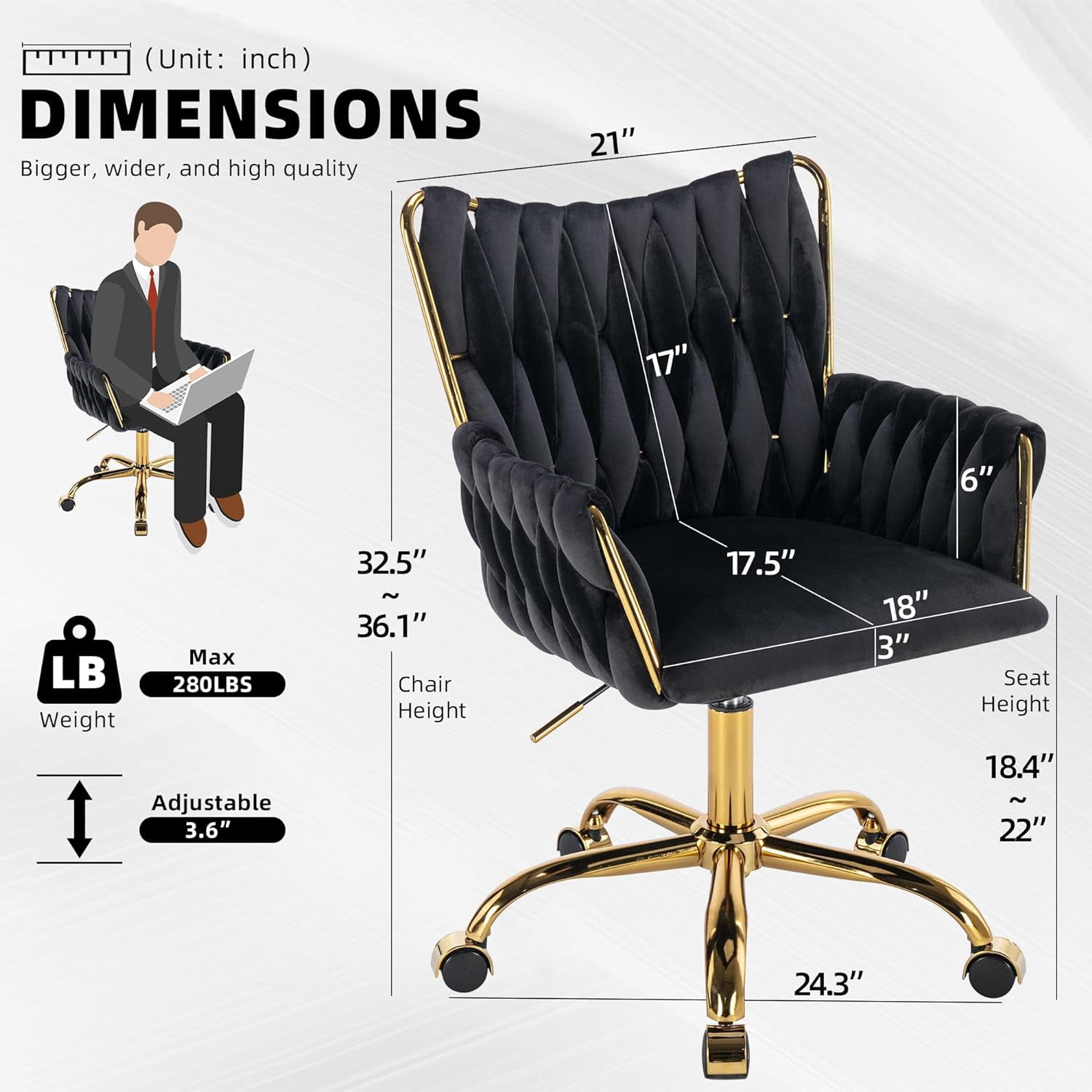 Westice Velvet Desk Chair, Home Office Gold Comfy Chair with Hand Woven High Back, Height Adjustable Swivel Chair with Comfy Upholster for Makeup Vanity Living Room Bedroom, Black
